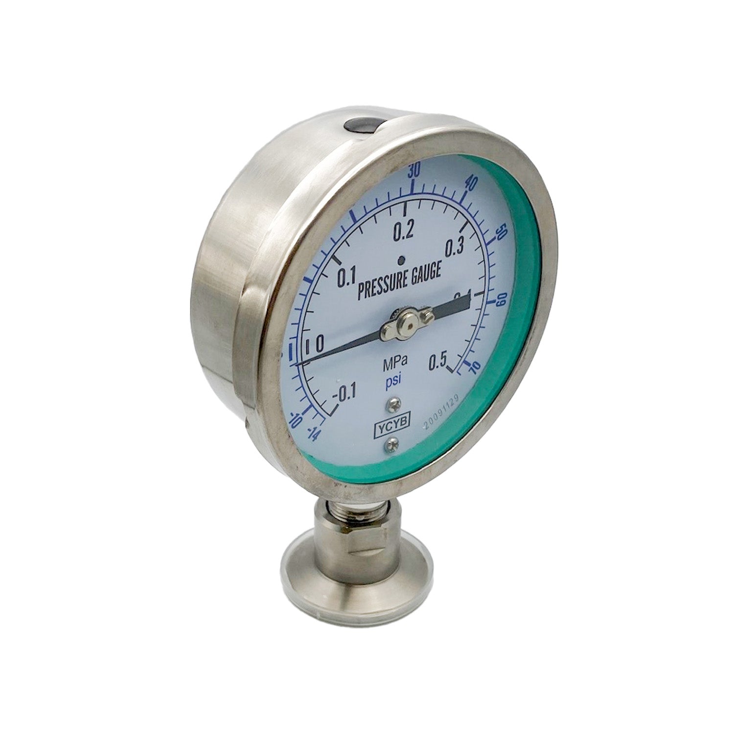 1.5" Tri-Clamp Sanitary Pressure Gauge (0-70 PSI), Bottom Mount, Adjustable Calibration