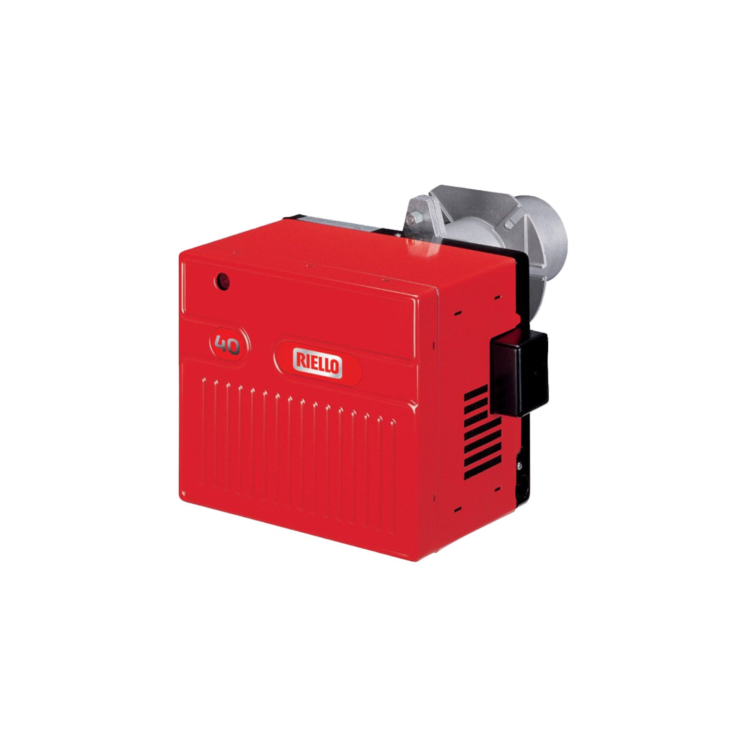 A close-up view of a Riello G400 burner. The compact and sleek design features a metal casing with a control panel on the front. The burner nozzle is visible, positioned at the center, surrounded by ignition electrodes. The burner is connected to a fuel supply line and has various adjustment knobs and indicators for precise control. Overall, the Riello G400 burner exudes durability and modern engineering.