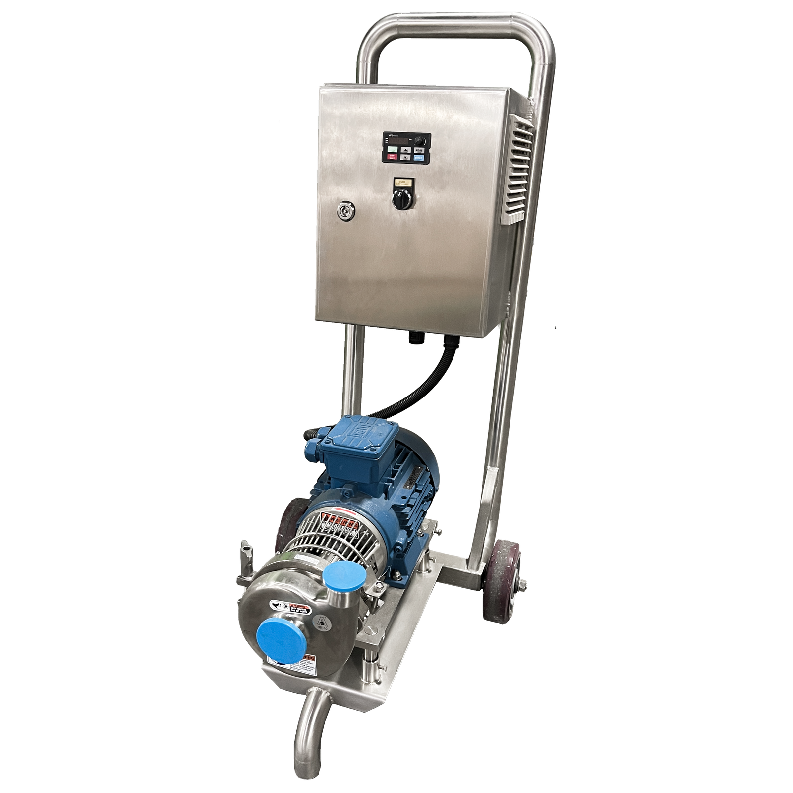 3 HP trolley pump with an ABB motor, SPX pump, 1.5" tri-clamp outlets, and a Delta VFD. The ABB motor is prominently displayed, connected to the pump assembly. The SPX pump is positioned at the center, with clearly labeled 1.5" tri-clamp outlets for easy connection to plumbing systems. Adjacent to the pump, the Delta VFD (Variable Frequency Drive) unit is visible, offering precise speed control. This versatile and well-designed pump system is ideal for a variety of industrial applications.